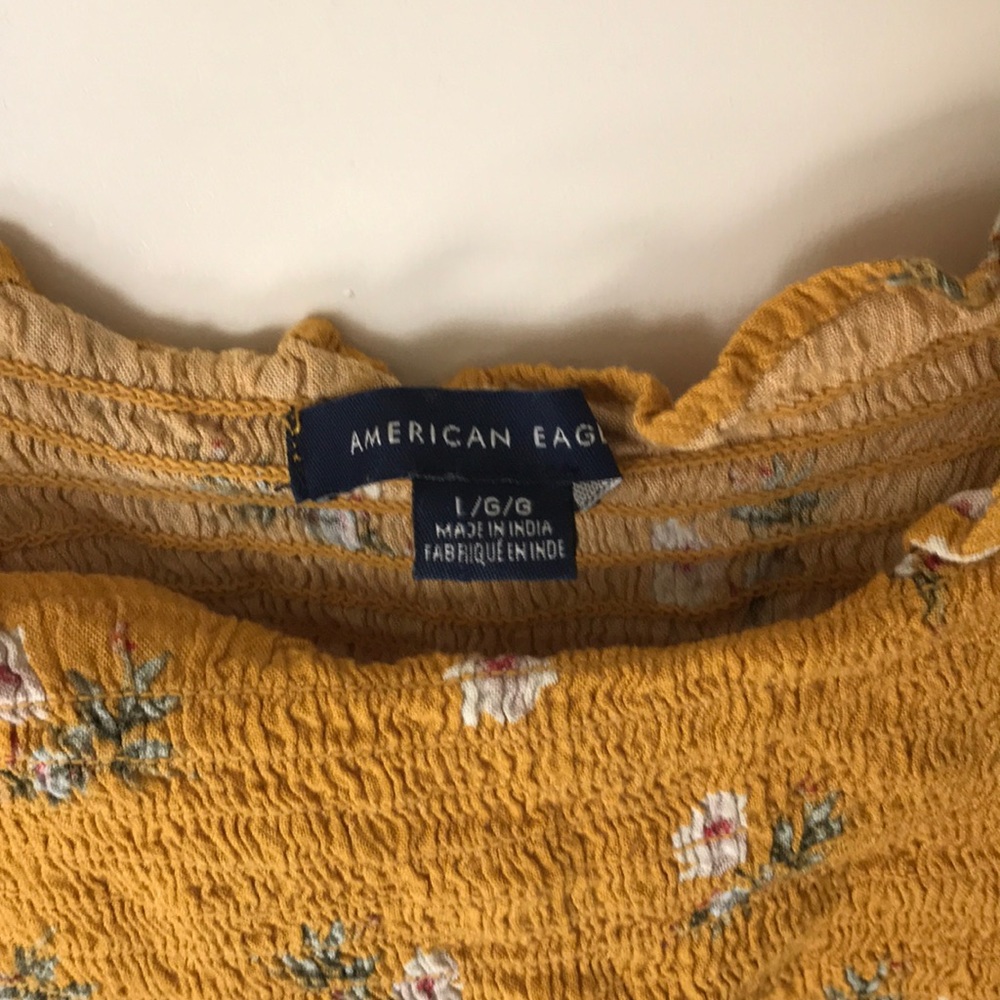 American Eagle Mustard Yellow Cropped Floral Peplum Stretch Square Neck Tank - Picture 3 of 6